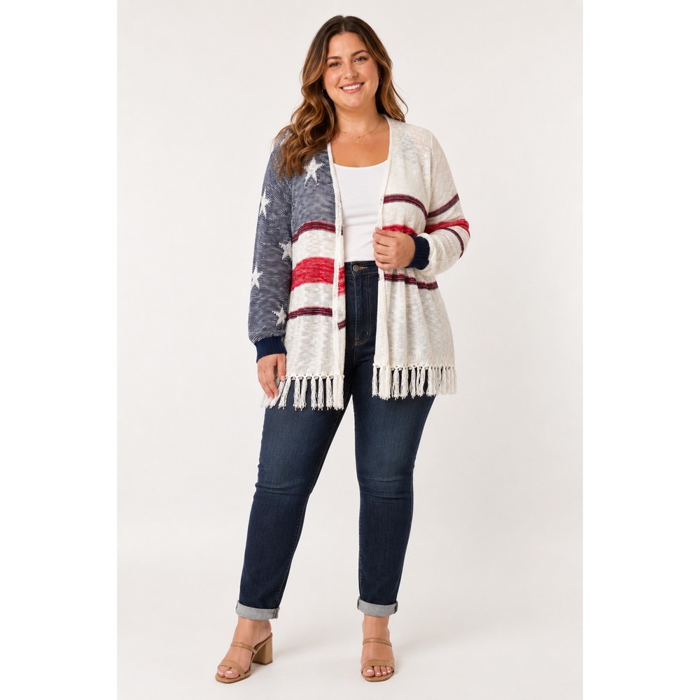 Lane Bryant American Flag Patriotic Fringe Open Front Cardigan Stars & Stripes